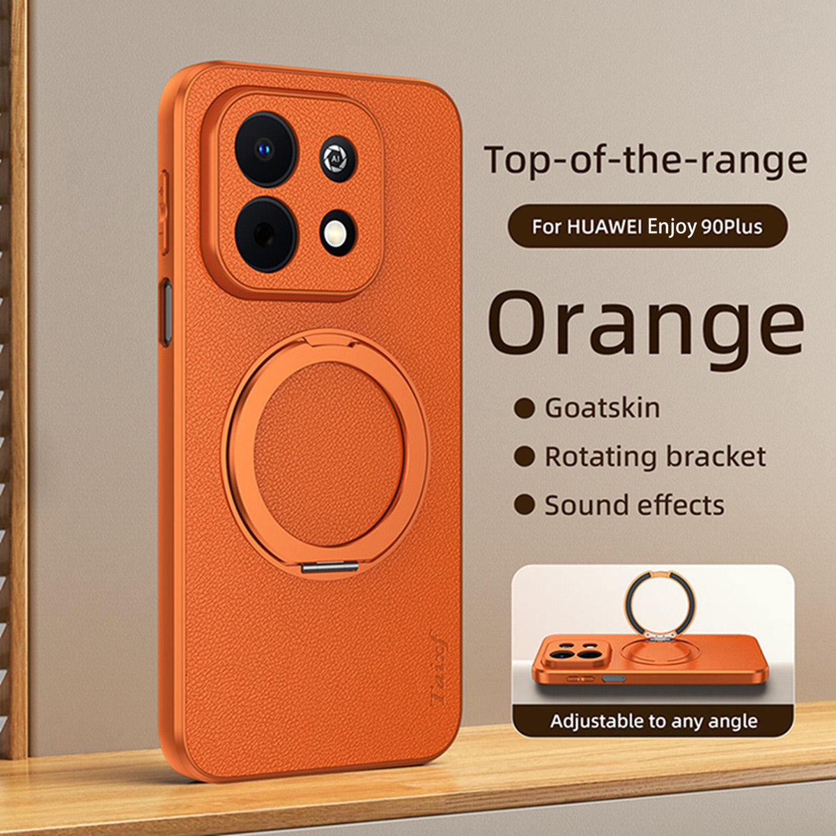 For Huawei Enjoy 90 Plus 5G Goatskin Vegan Leather Magnetic Phone Case With 360 Degree Rotating Holder - Orange - EDA009794202A