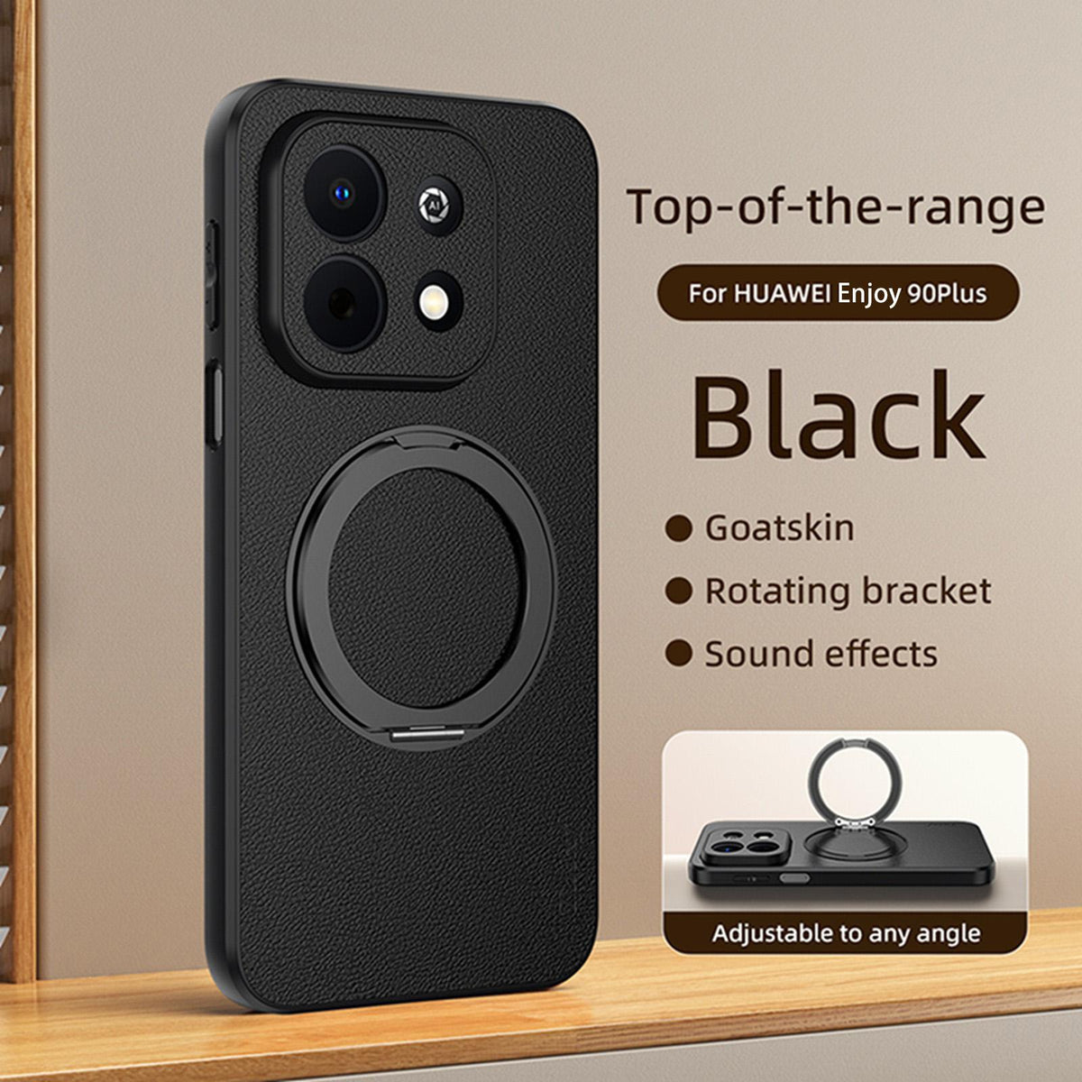 For Huawei Enjoy 90 Plus 5G Goatskin Vegan Leather Magnetic Phone Case With 360 Degree Rotating Holder - Black - EDA009794202B