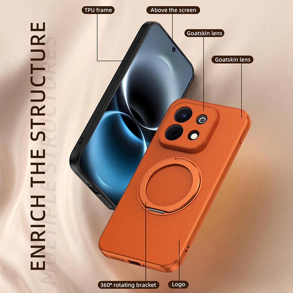 For Huawei Enjoy 90 Plus 5G Goatskin Vegan Leather Magnetic Phone Case With 360 Degree Rotating Holder - Blue - EDA009794202C
