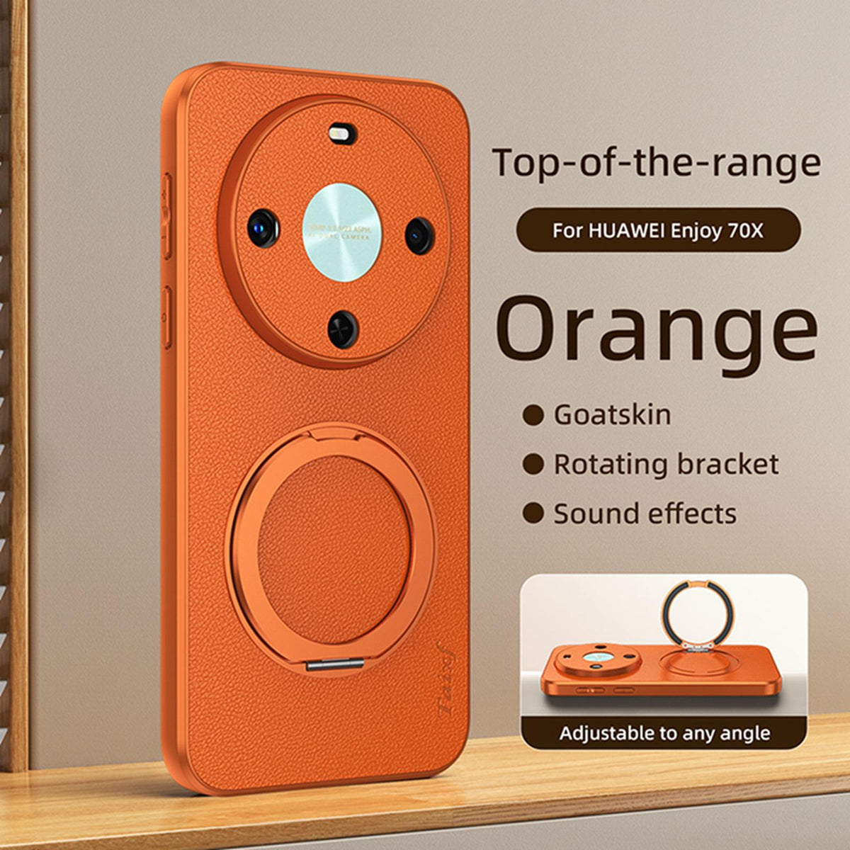 For Huawei Enjoy 70X Goatskin Vegan Leather Magnetic Phone Case With 360 Degree Rotating Holder - Orange - EDA009794204A