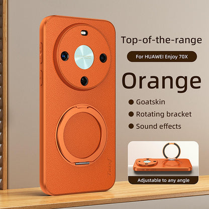 For Huawei Enjoy 70X Goatskin Vegan Leather Magnetic Phone Case With 360 Degree Rotating Holder - Orange - EDA009794204A