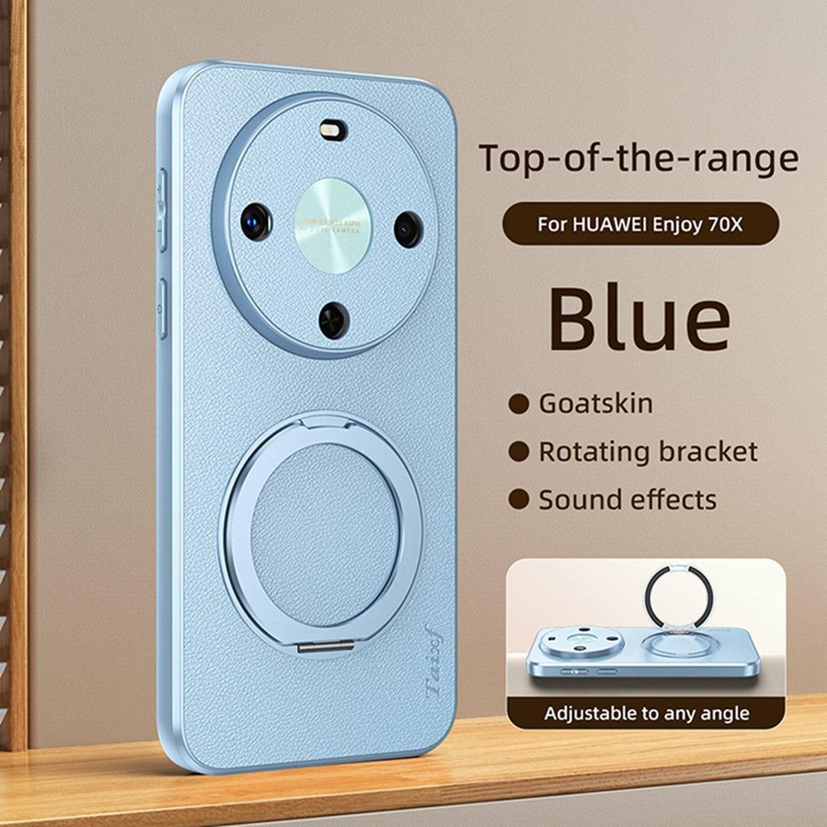 For Huawei Enjoy 70X Goatskin Vegan Leather Magnetic Phone Case With 360 Degree Rotating Holder - Blue - EDA009794204C