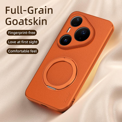 For Huawei Pura 80 Pro 5G Goatskin Vegan Leather Magnetic Phone Case With 360 Degree Rotating Holder - Orange - EDA009794205A