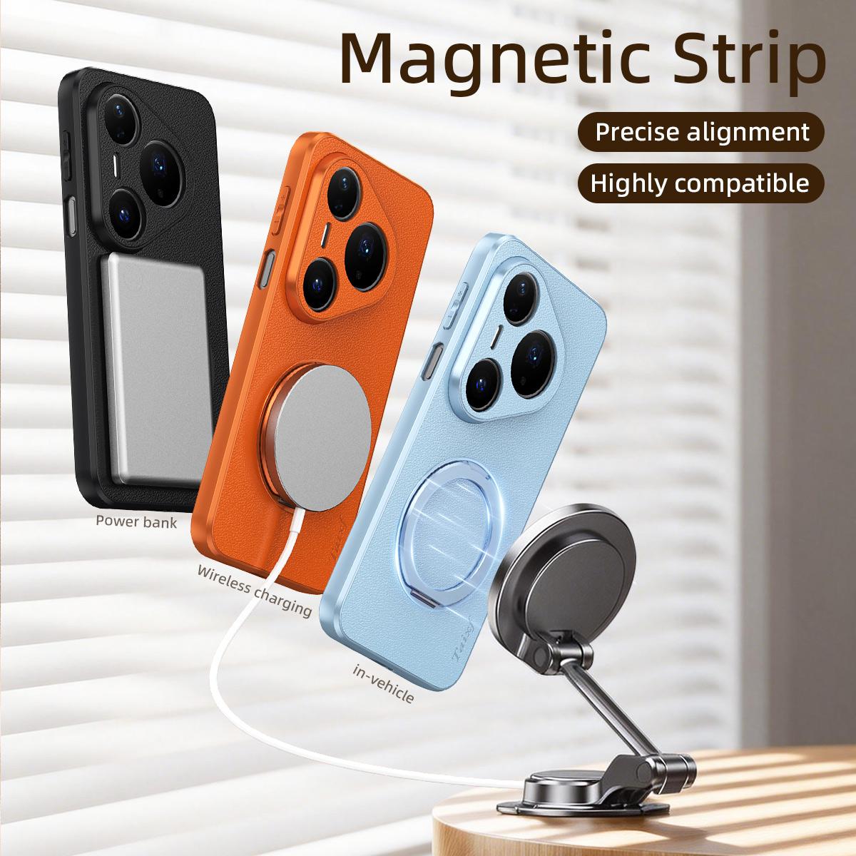For Huawei Pura 80 Pro 5G Goatskin Vegan Leather Magnetic Phone Case With 360 Degree Rotating Holder - Orange - EDA009794205A