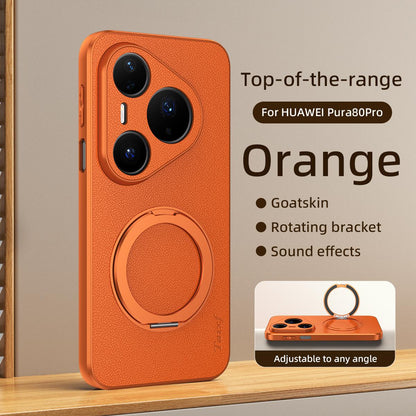 For Huawei Pura 80 Pro 5G Goatskin Vegan Leather Magnetic Phone Case With 360 Degree Rotating Holder - Orange - EDA009794205A