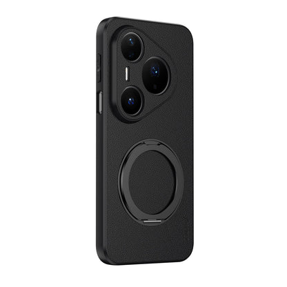 For Huawei Pura 80 Pro 5G Goatskin Vegan Leather Magnetic Phone Case With 360 Degree Rotating Holder - Black - EDA009794205B