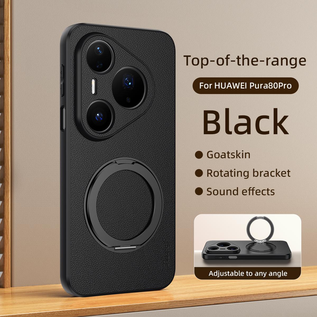 For Huawei Pura 80 Pro 5G Goatskin Vegan Leather Magnetic Phone Case With 360 Degree Rotating Holder - Black - EDA009794205B