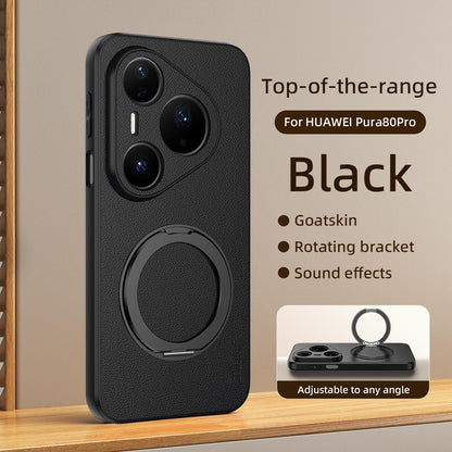 For Huawei Pura 80 Pro 5G Goatskin Vegan Leather Magnetic Phone Case With 360 Degree Rotating Holder - Black - EDA009794205B