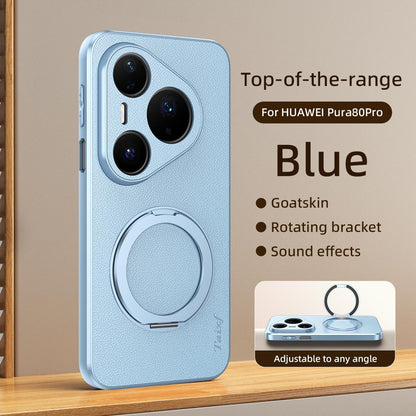 For Huawei Pura 80 Pro 5G Goatskin Vegan Leather Magnetic Phone Case With 360 Degree Rotating Holder - Blue - EDA009794205C