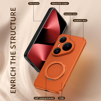 For Huawei Pura 80 Pro 5G Goatskin Vegan Leather Magnetic Phone Case With 360 Degree Rotating Holder - Blue - EDA009794205C