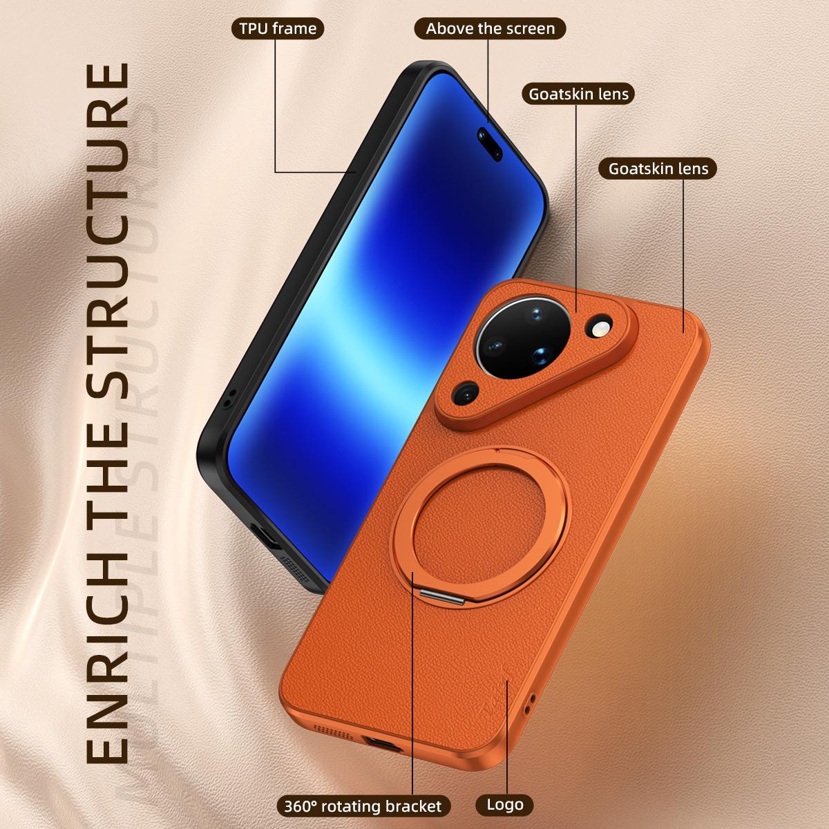 For Huawei Pura 90 5G Goatskin Vegan Leather Magnetic Phone Case With 360 Degree Rotating Holder - Orange - EDA009794209A