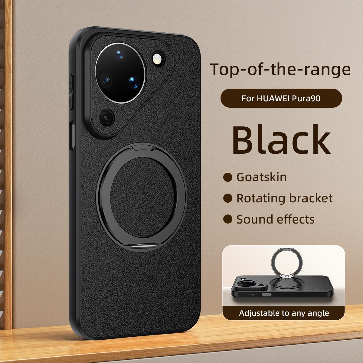 For Huawei Pura 90 5G Goatskin Vegan Leather Magnetic Phone Case With 360 Degree Rotating Holder - Black - EDA009794209B