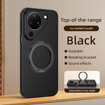 For Huawei Pura 90 5G Goatskin Vegan Leather Magnetic Phone Case With 360 Degree Rotating Holder - Black - EDA009794209B