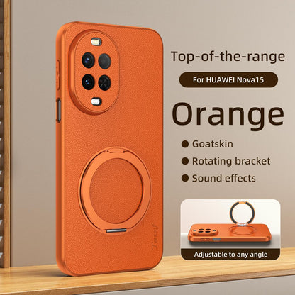 For Huawei Nova 15 Goatskin Vegan Leather Magnetic Phone Case With 360 Degree Rotating Holder - Orange - EDA009794211A