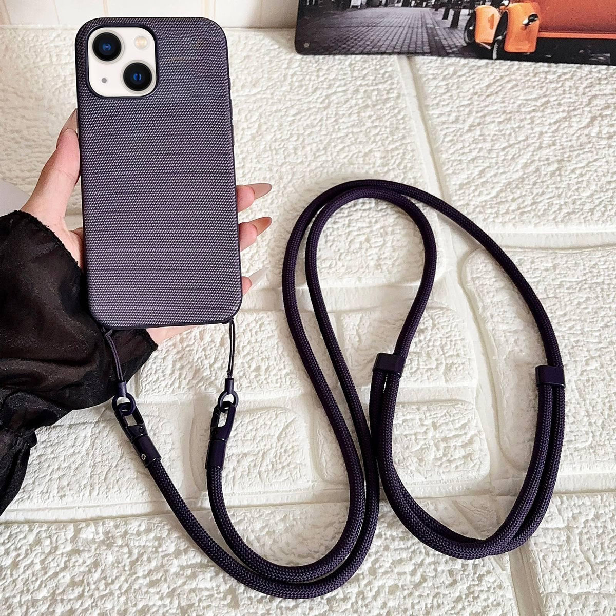For iPhone 14 Plus Tech Fabric Texture Magnetic Phone Case with Crossbody Strap - Purple - EDA009794305B