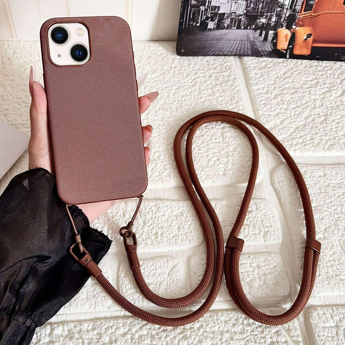 For iPhone 14 Plus Tech Fabric Texture Magnetic Phone Case with Crossbody Strap - Brown - EDA009794305E