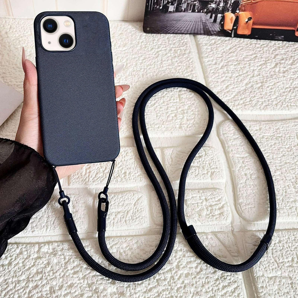 For iPhone 14 Tech Fabric Texture Magnetic Phone Case with Crossbody Strap - Blue - EDA009794306D