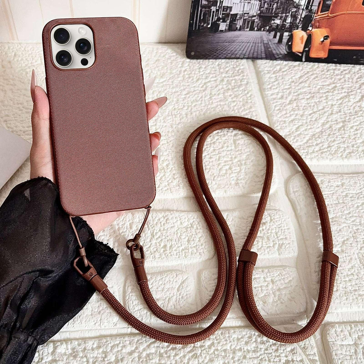 For iPhone 13 Pro Max Tech Fabric Texture Magnetic Phone Case with Crossbody Strap - Brown - EDA009794309E