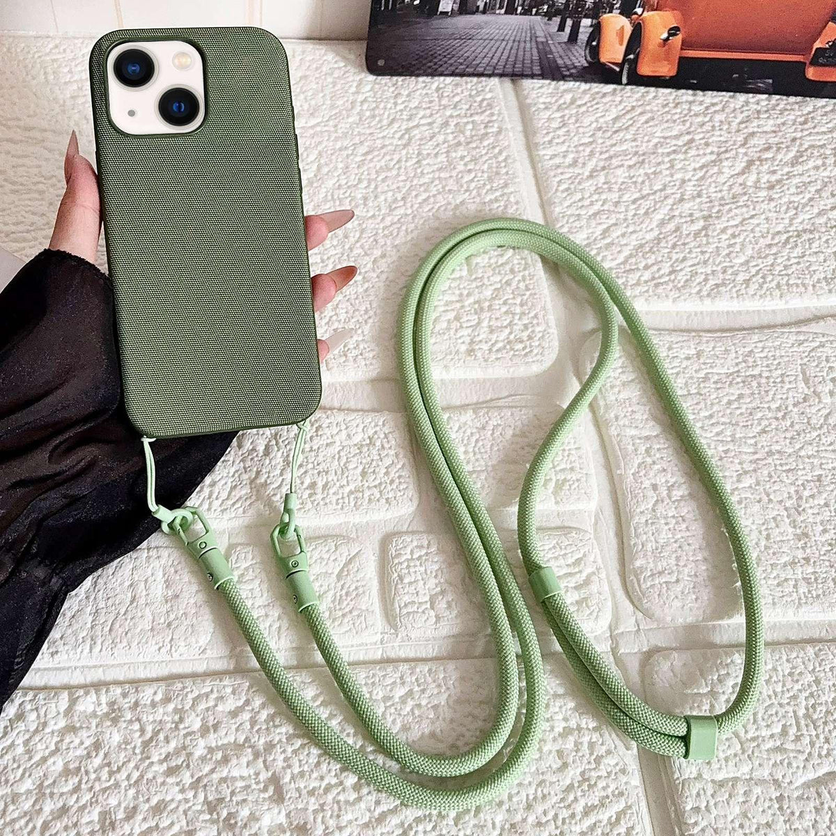 For iPhone 13 Tech Fabric Texture Magnetic Phone Case with Crossbody Strap - Green - EDA009794311A