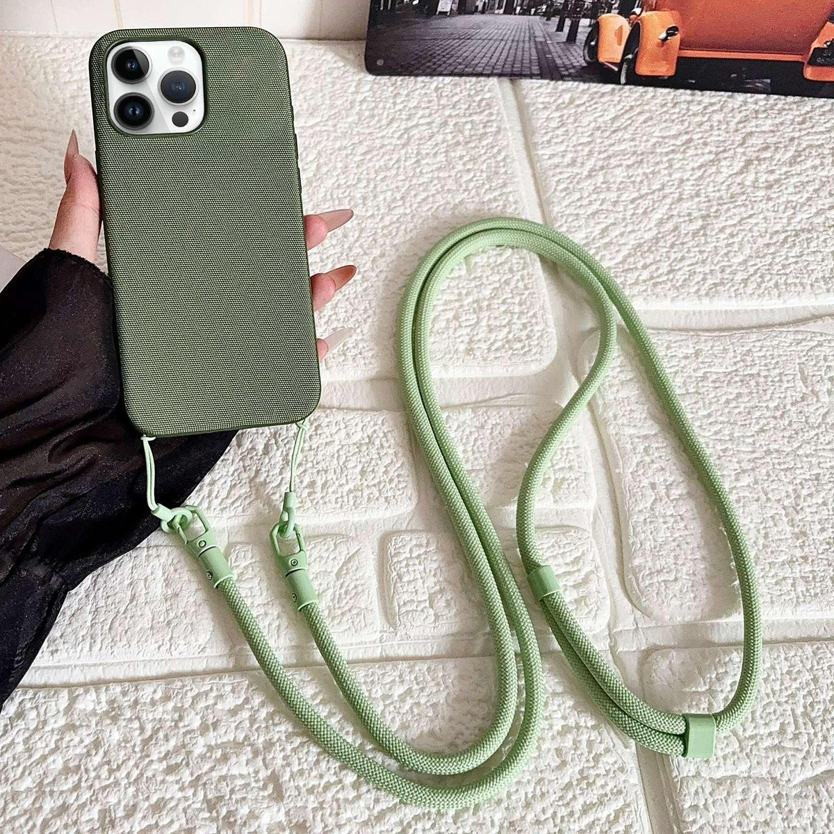 For iPhone 12 Pro Max Tech Fabric Texture Magnetic Phone Case with Crossbody Strap - Green - EDA009794313A