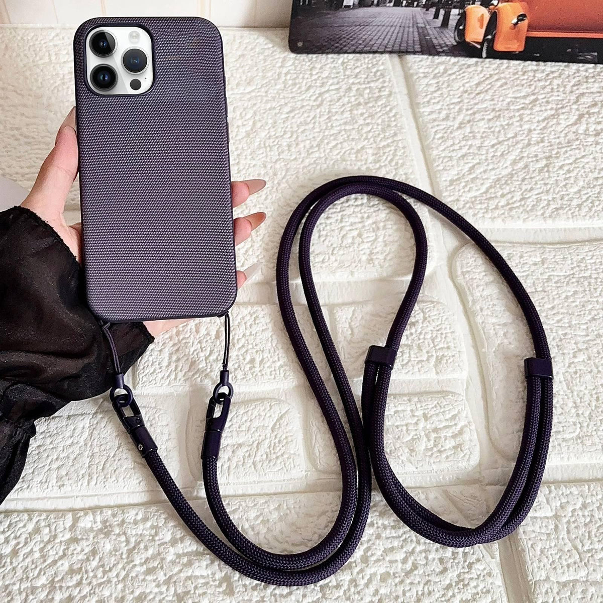For iPhone 12 Pro Max Tech Fabric Texture Magnetic Phone Case with Crossbody Strap - Purple - EDA009794313B