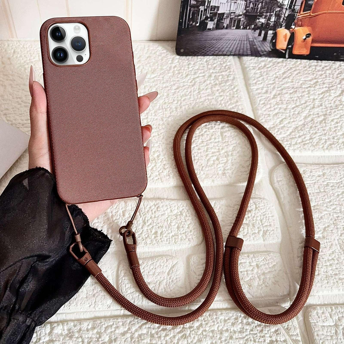 For iPhone 12 Pro Max Tech Fabric Texture Magnetic Phone Case with Crossbody Strap - Brown - EDA009794313E