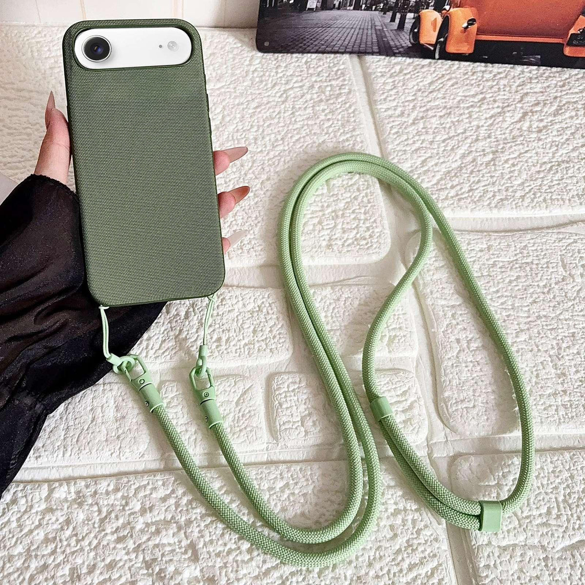 For iPhone Air Tech Fabric Texture Magnetic Phone Case with AI Button & Crossbody Strap - Green - EDA009795802A