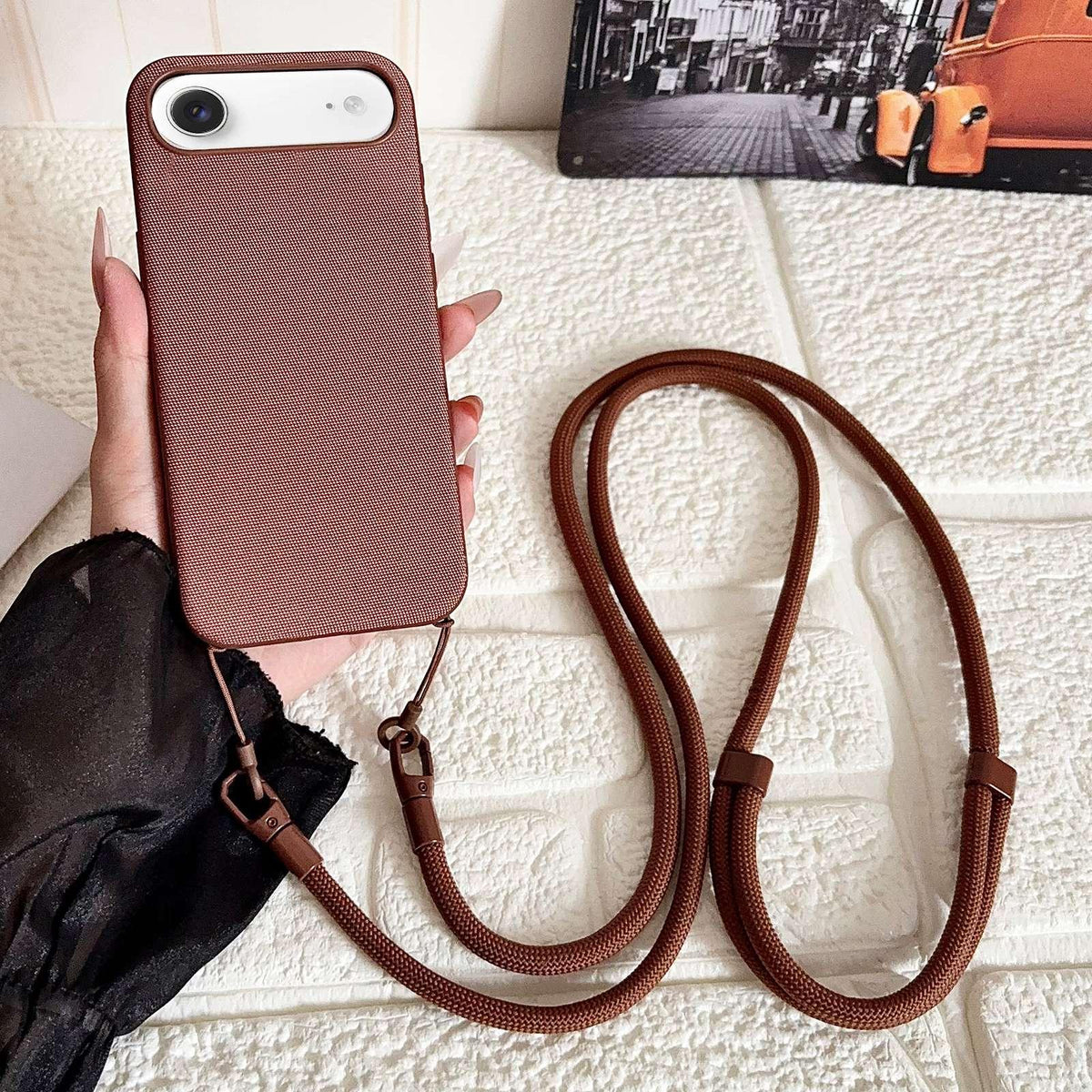 For iPhone Air Tech Fabric Texture Magnetic Phone Case with AI Button & Crossbody Strap - Brown - EDA009795802E