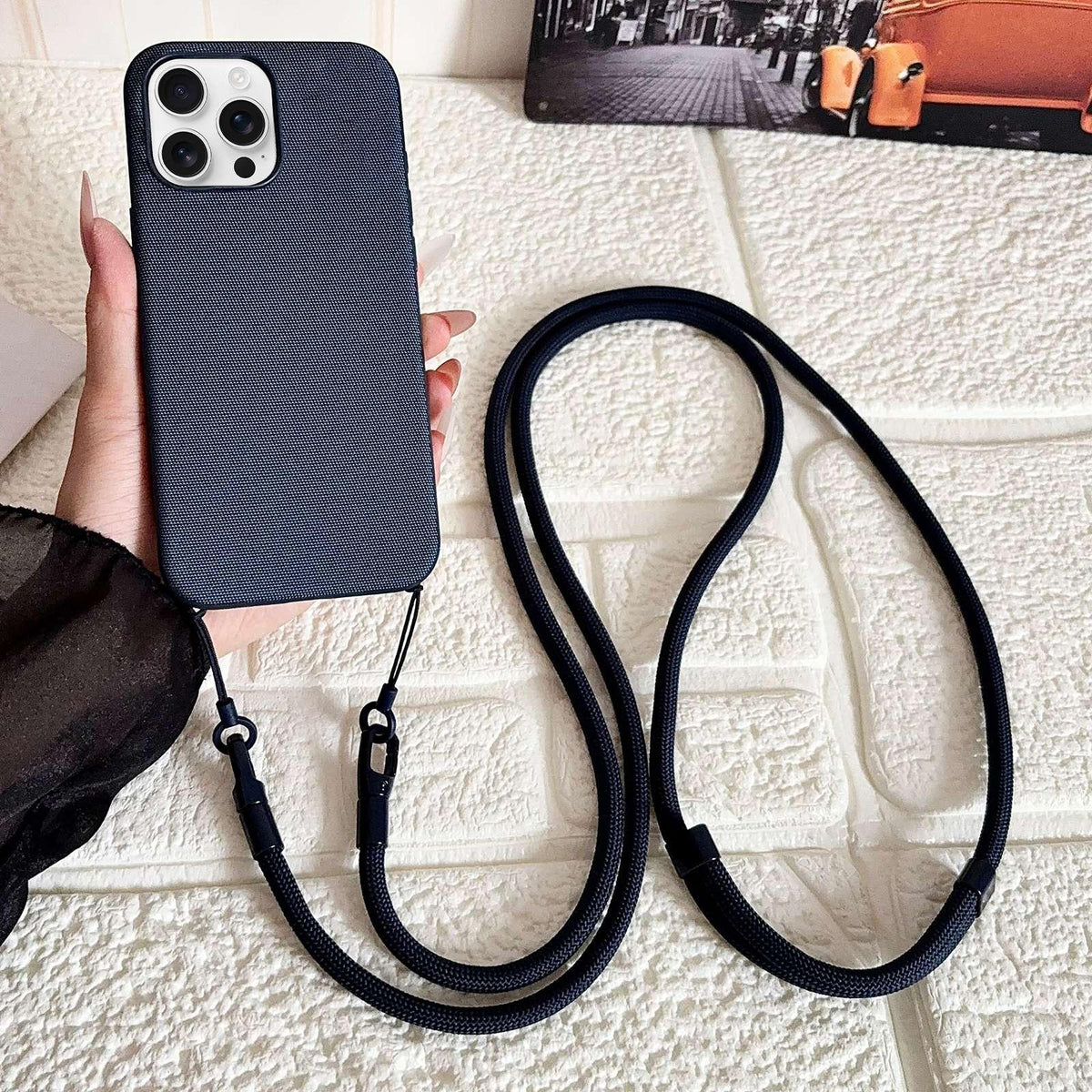 For iPhone 16 Pro Max Tech Fabric Texture Magnetic Phone Case with AI Button & Crossbody Strap - Blue - EDA009795803D