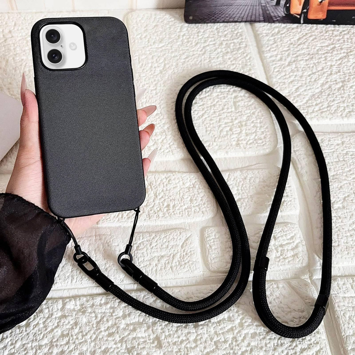 For iPhone 16 Plus Tech Fabric Texture Magnetic Phone Case with AI Button & Crossbody Strap - Black - EDA009795805C