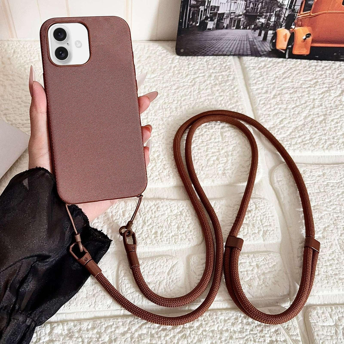 For iPhone 16 Plus Tech Fabric Texture Magnetic Phone Case with AI Button & Crossbody Strap - Brown - EDA009795805E
