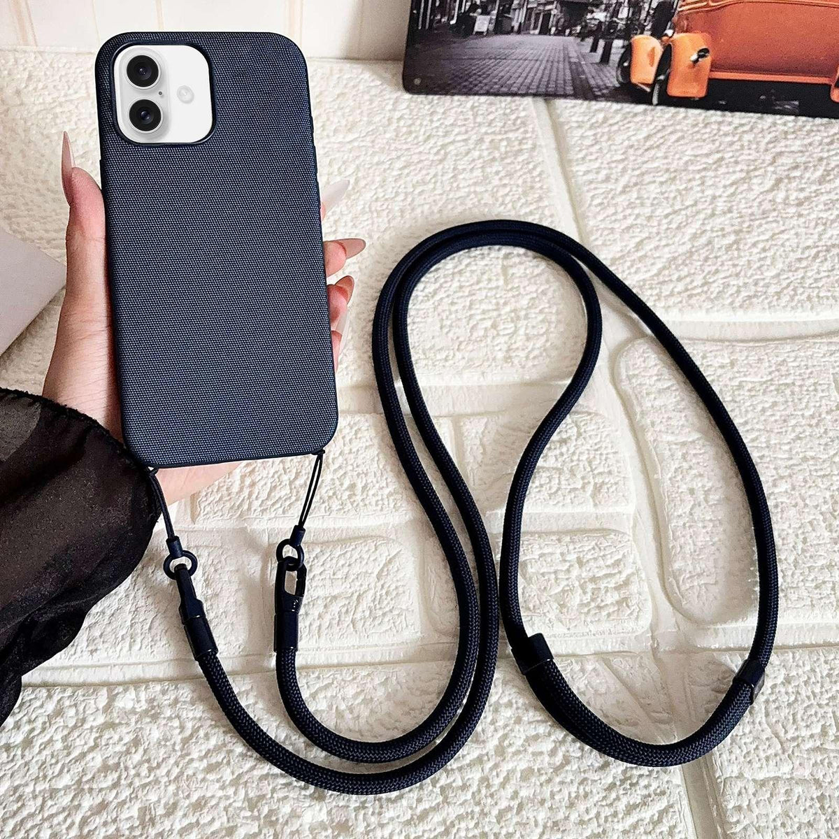 For iPhone 16 Tech Fabric Texture Magnetic Phone Case with AI Button & Crossbody Strap - Blue - EDA009795806D