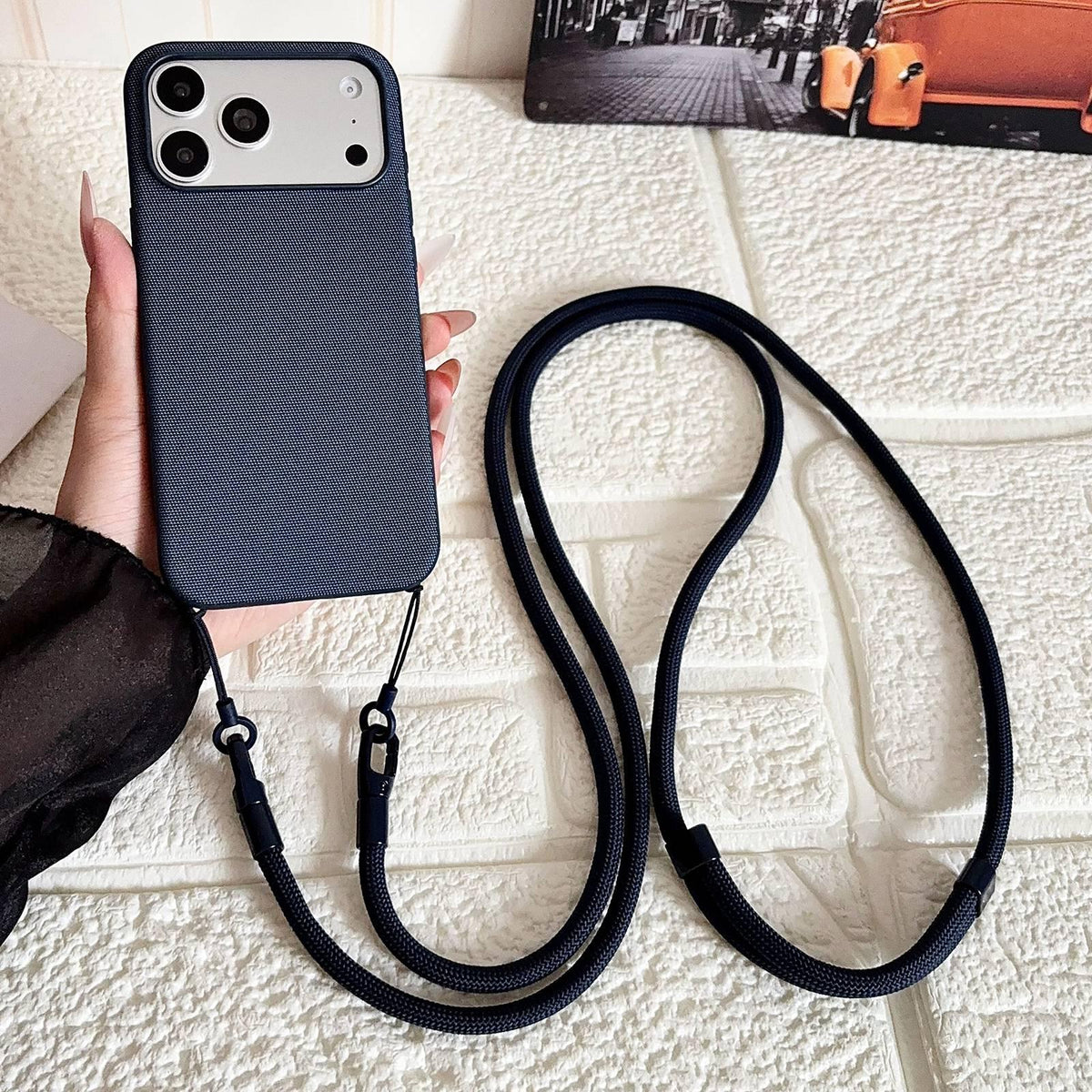 For iPhone 17 Pro Max Tech Fabric Texture Magnetic Phone Case with AI Button & Crossbody Strap - Blue - EDA009796101E