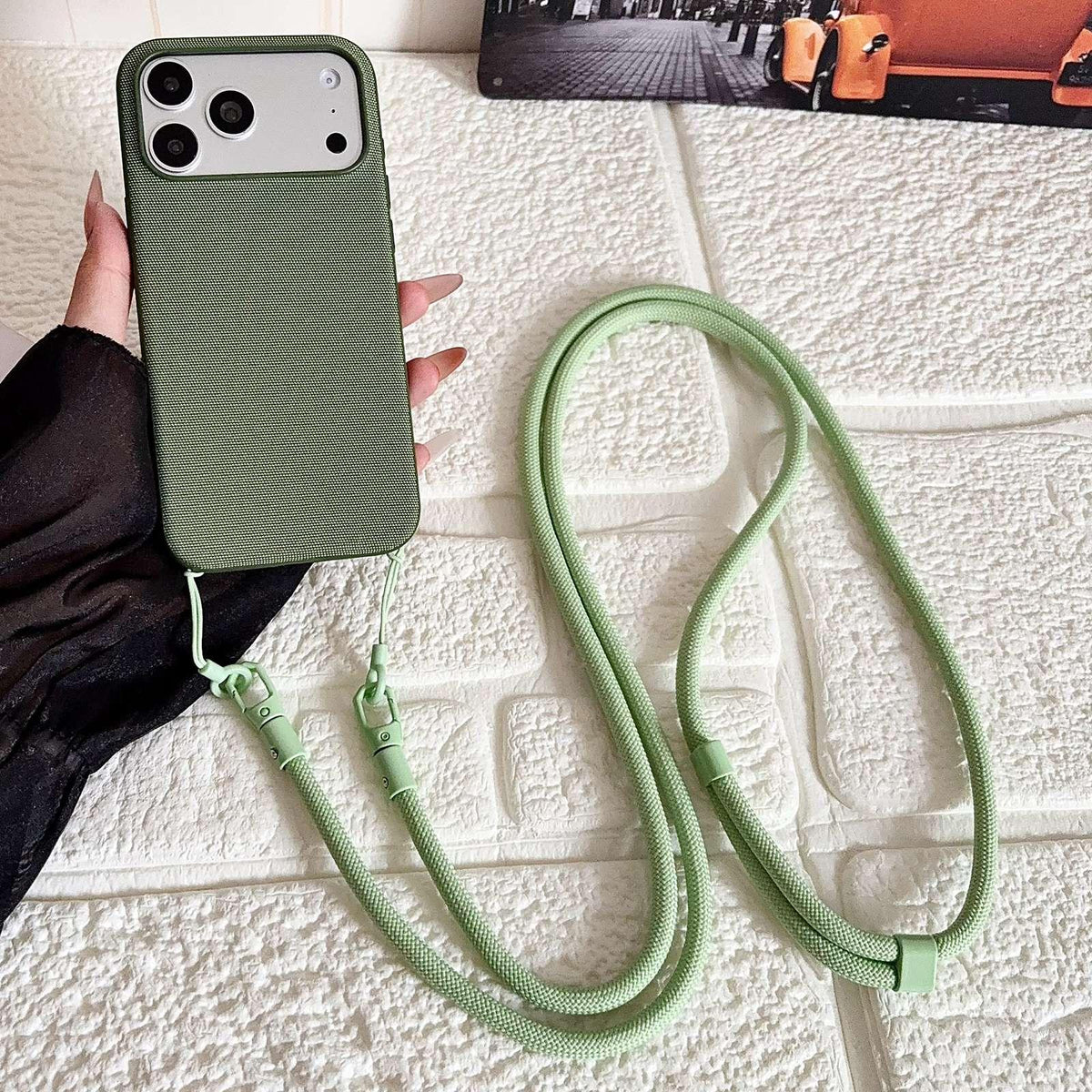 For iPhone 17 Pro Tech Fabric Texture Magnetic Phone Case with AI Button & Crossbody Strap - Green - EDA009796102B