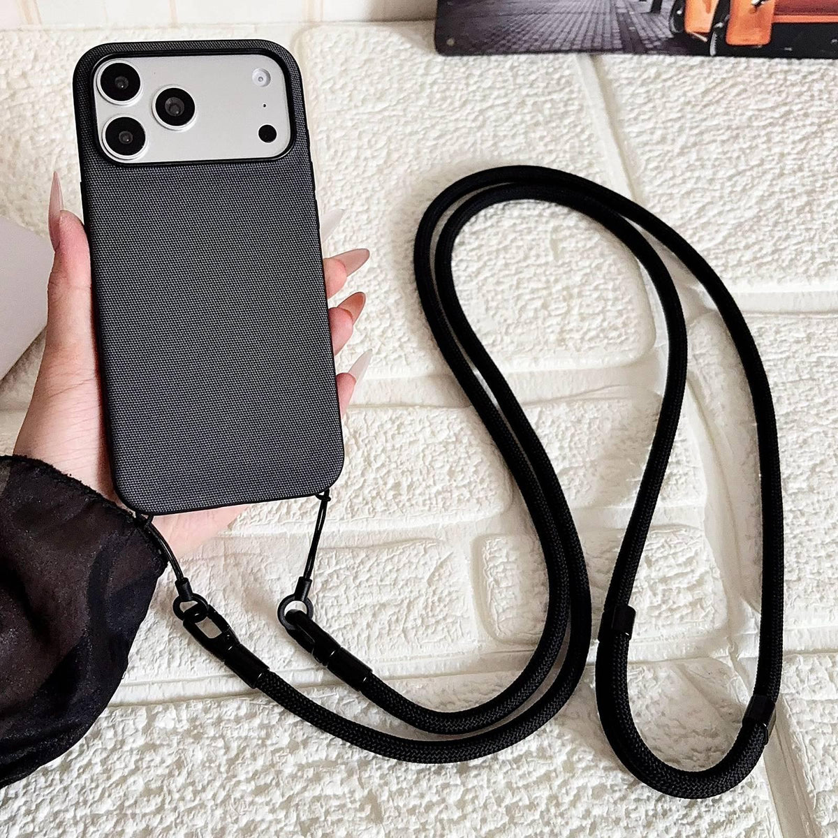 For iPhone 17 Pro Tech Fabric Texture Magnetic Phone Case with AI Button & Crossbody Strap - Black - EDA009796102D