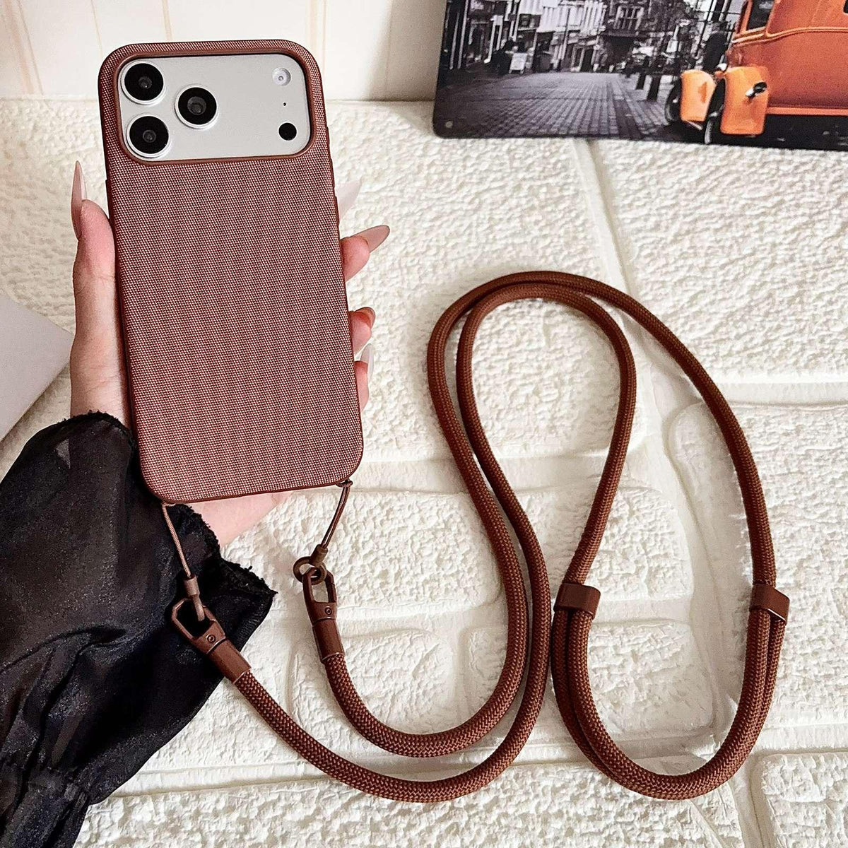 For iPhone 17 Pro Tech Fabric Texture Magnetic Phone Case with AI Button & Crossbody Strap - Brown - EDA009796102F