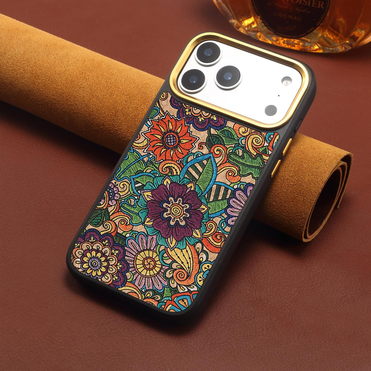 For iPhone 15 Pro Denior A28+1 Ethnic Embroider Pattern Style Magnetic Phone Case - Purple - EDA009797306E