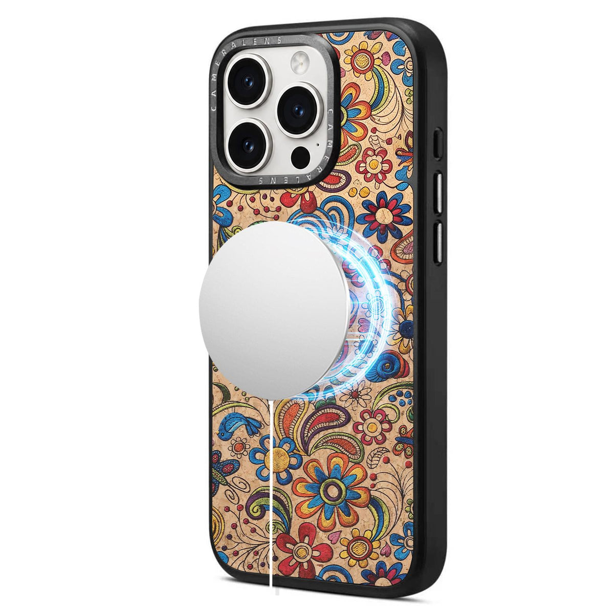 For iPhone 15 Pro Max Denior A28 Ethnic Embroider Pattern Style Magnetic Phone Case - Khaki - EDA009798405E