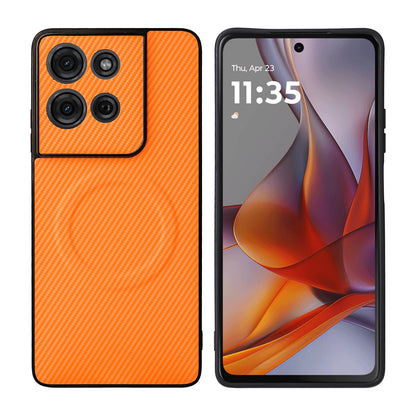 For Motorola Moto G75 5G Precise Cutout Carbon Fiber Texture Vegan Leather Phone Case - Orange - EDA009801318A