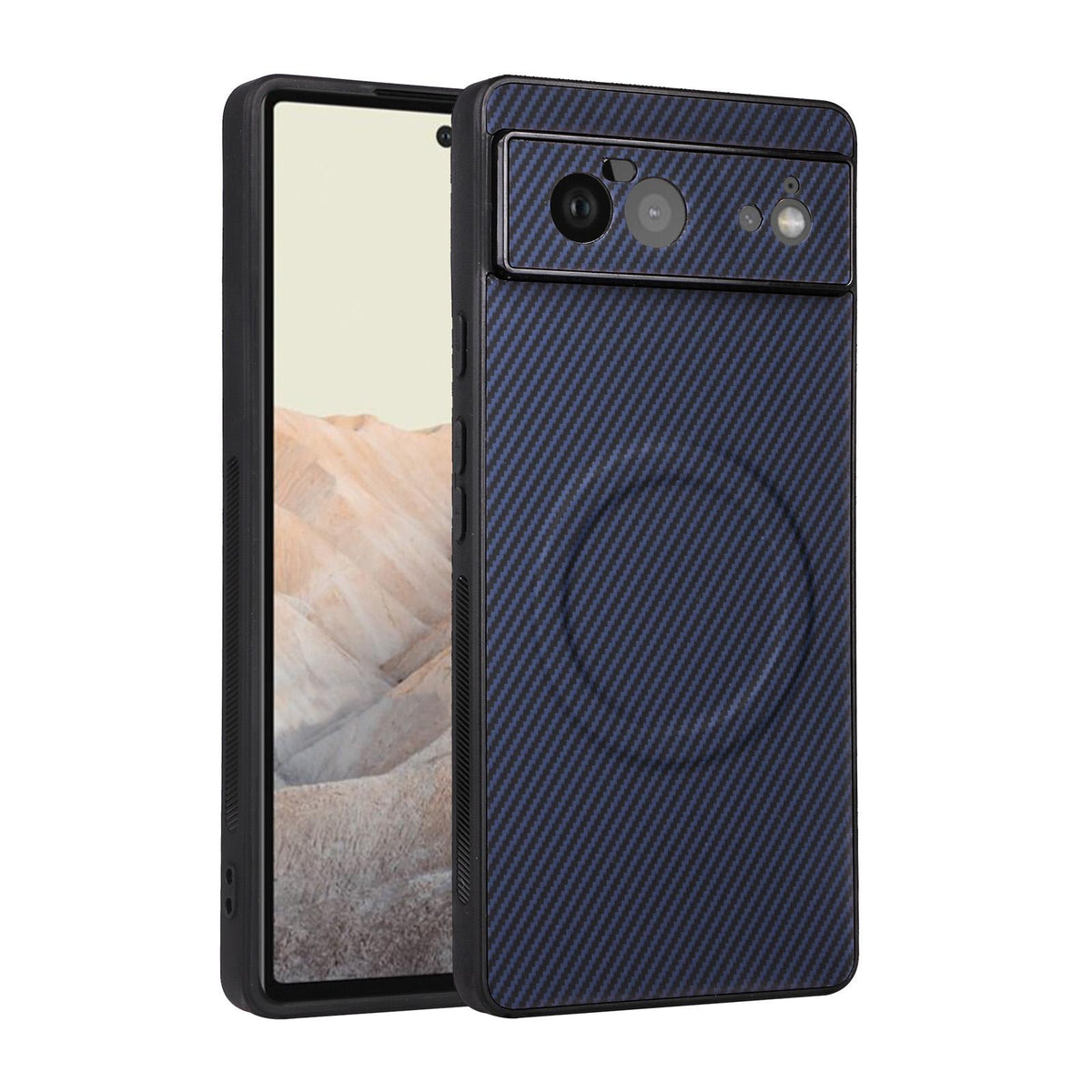 For Google Pixel 6 Precise Cutout Carbon Fiber Texture Vegan Leather Phone Case - Blue - EDA009801702D