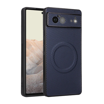 For Google Pixel 6 Precise Cutout Carbon Fiber Texture Vegan Leather Phone Case - Blue - EDA009801702D