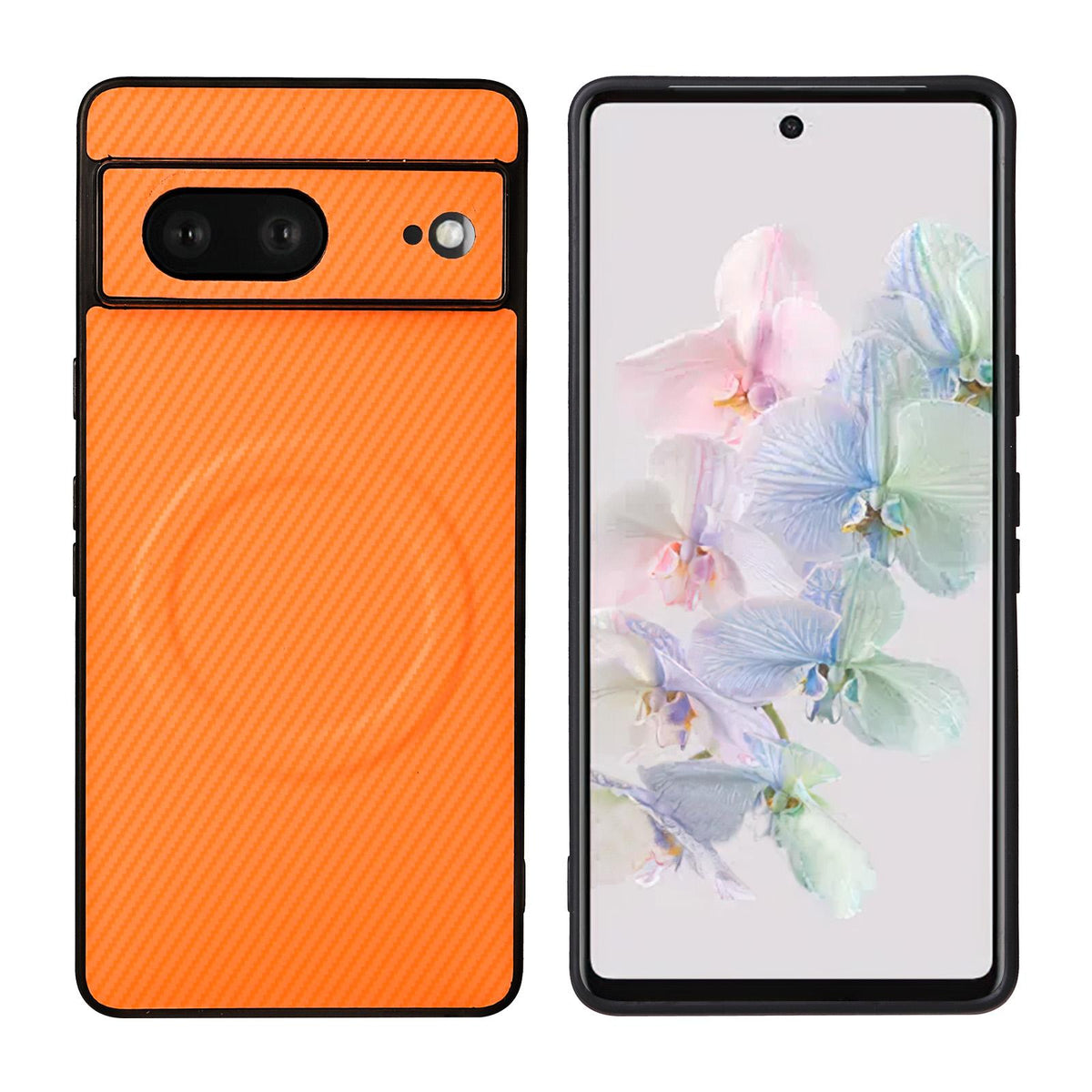 For Google Pixel 7 Precise Cutout Carbon Fiber Texture Vegan Leather Phone Case - Orange - EDA009801705A