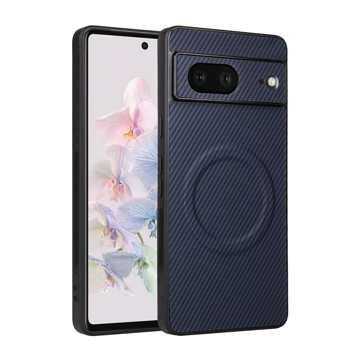 For Google Pixel 7 Precise Cutout Carbon Fiber Texture Vegan Leather Phone Case - Blue - EDA009801705D