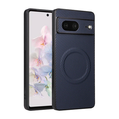 For Google Pixel 7 Precise Cutout Carbon Fiber Texture Vegan Leather Phone Case - Blue - EDA009801705D