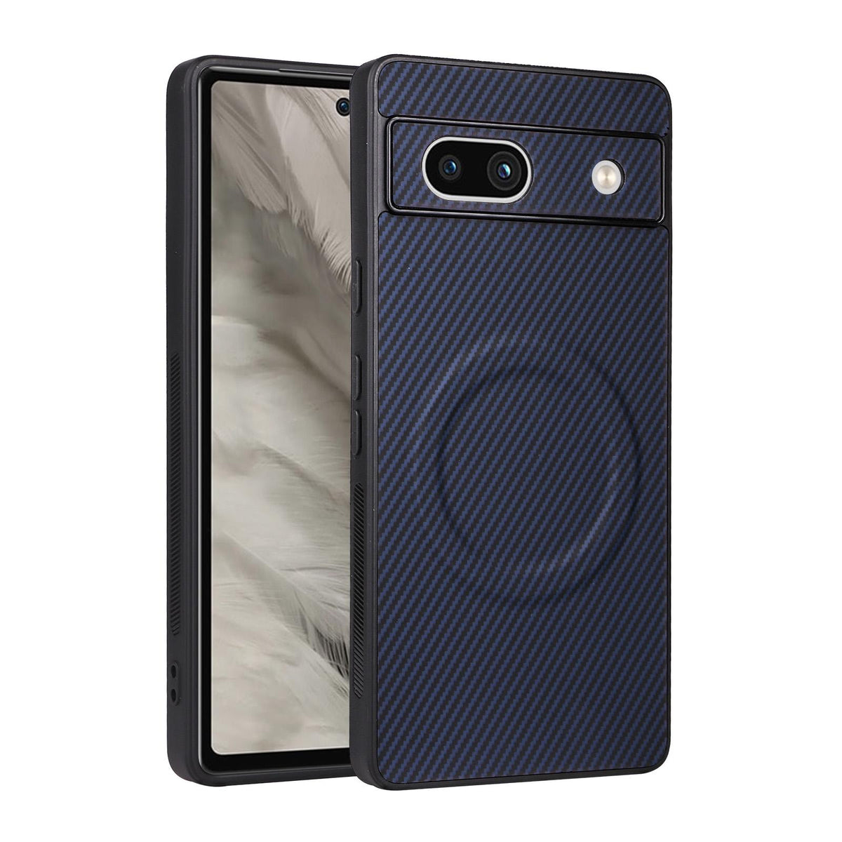 For Google Pixel 7a Precise Cutout Carbon Fiber Texture Vegan Leather Phone Case - Blue - EDA009801706D