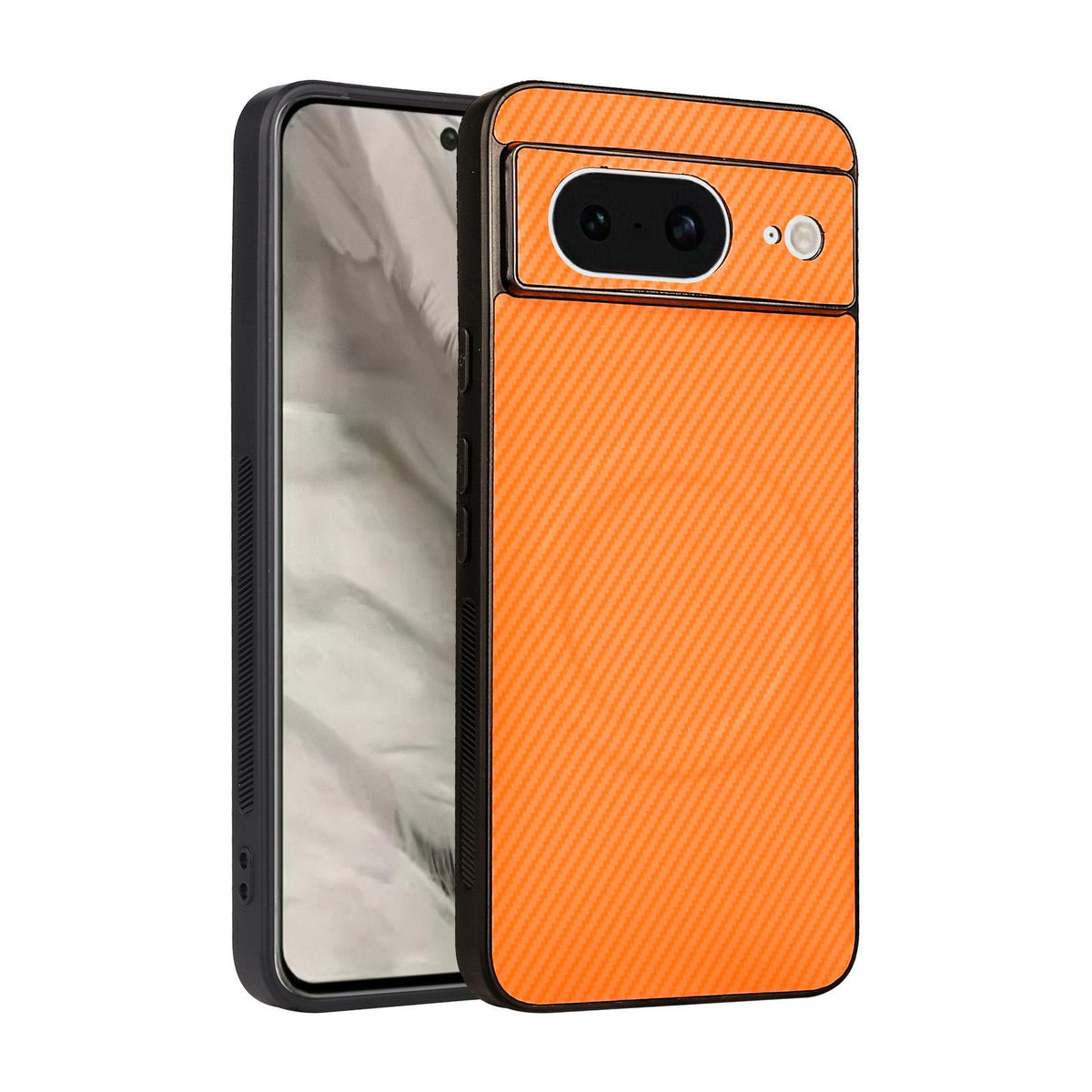 For Google Pixel 8 Precise Cutout Carbon Fiber Texture Vegan Leather Phone Case - Orange - EDA009801708A