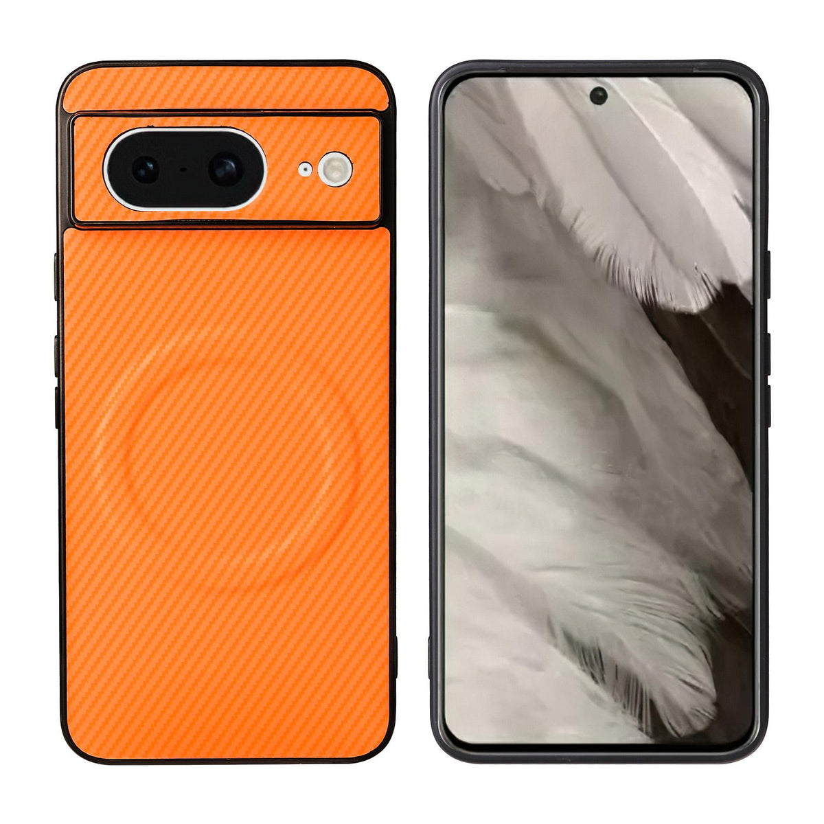 For Google Pixel 8 Precise Cutout Carbon Fiber Texture Vegan Leather Phone Case - Orange - EDA009801708A