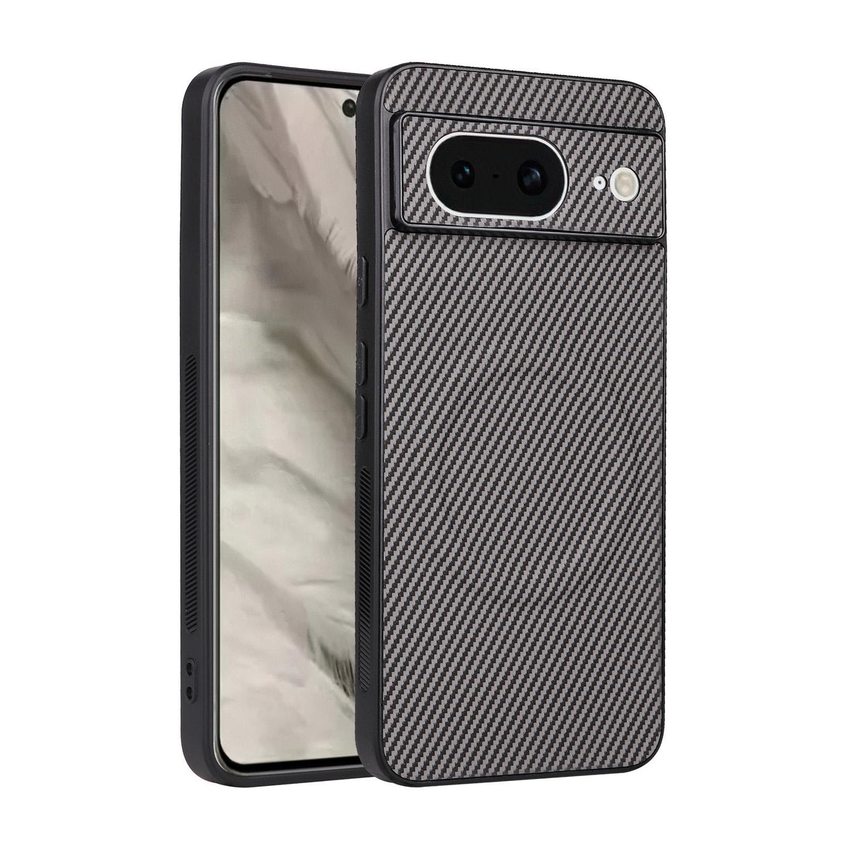 For Google Pixel 8 Precise Cutout Carbon Fiber Texture Vegan Leather Phone Case - Grey - EDA009801708C