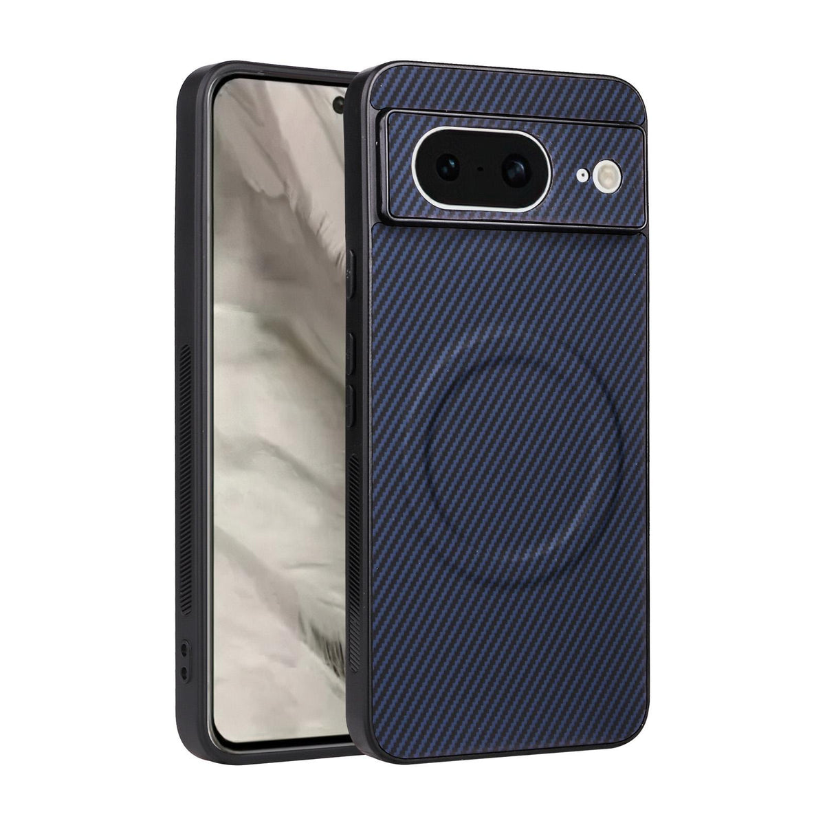 For Google Pixel 8 Precise Cutout Carbon Fiber Texture Vegan Leather Phone Case - Blue - EDA009801708D