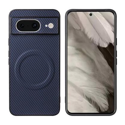 For Google Pixel 8 Precise Cutout Carbon Fiber Texture Vegan Leather Phone Case - Blue - EDA009801708D